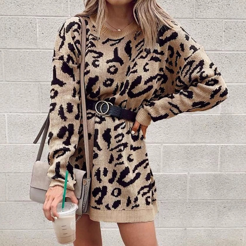 Damer Oversized Strikkekjole med Dyremotiv og Motetrend Belte Skjora