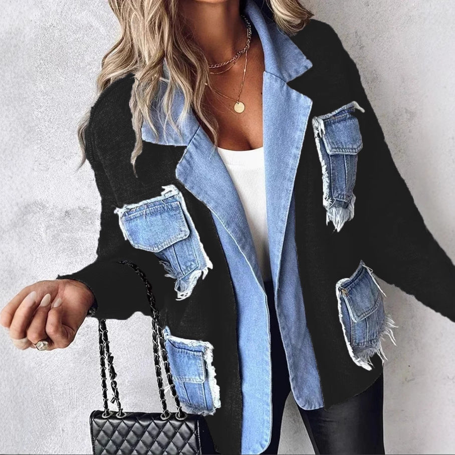 Kvinnelig casual cardigan med to brystlommer og detaljvennlig denim Skjora