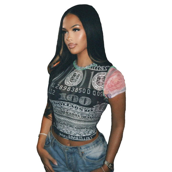 Dame Crop-Top med kunstnerisk pengemotiv og fargerikt ærmedesign Skjora