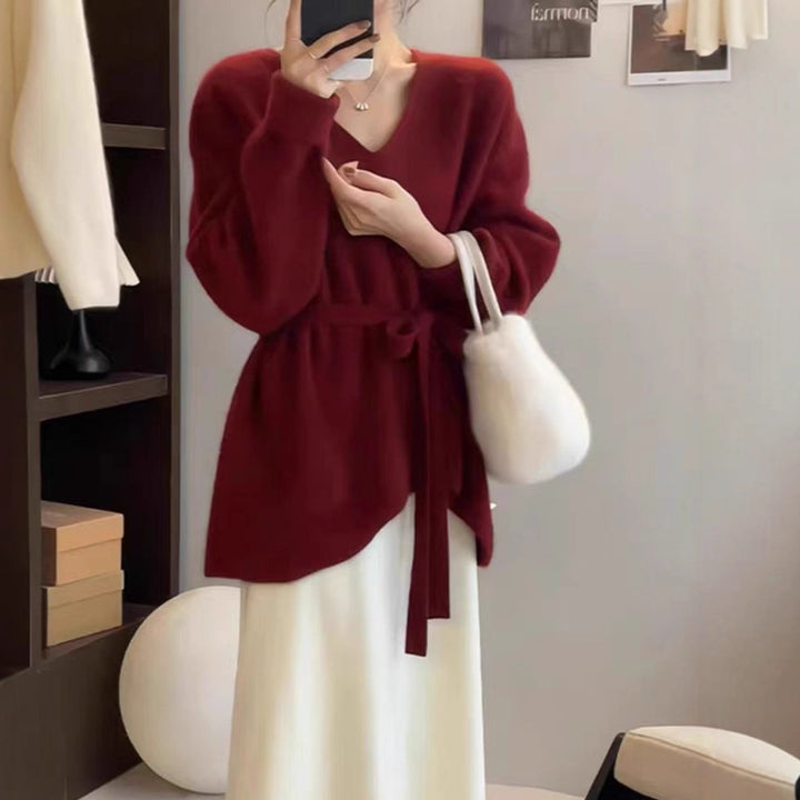 Dame cardigan med elegant V-hals og belte i midjen Skjora