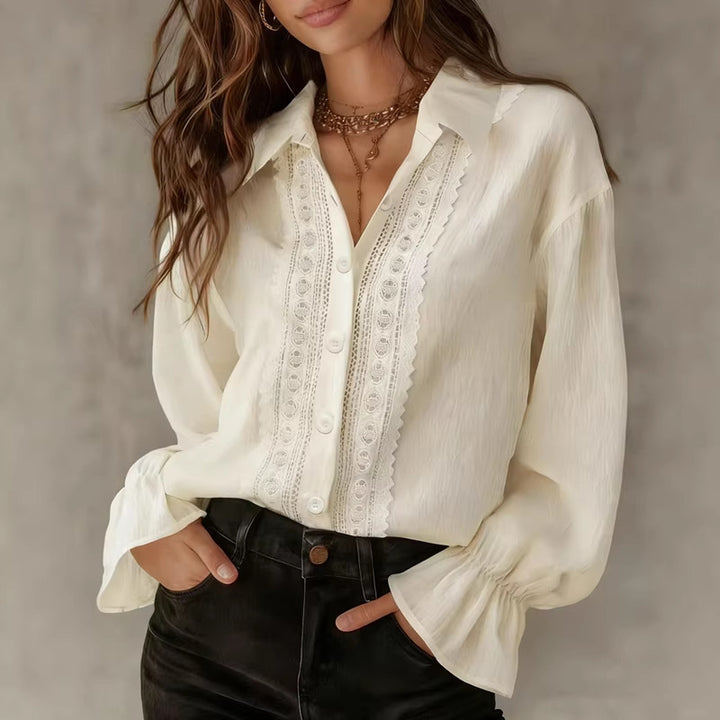 Damer elegant Bluse med spissdetaljer og ballongermer Skjora