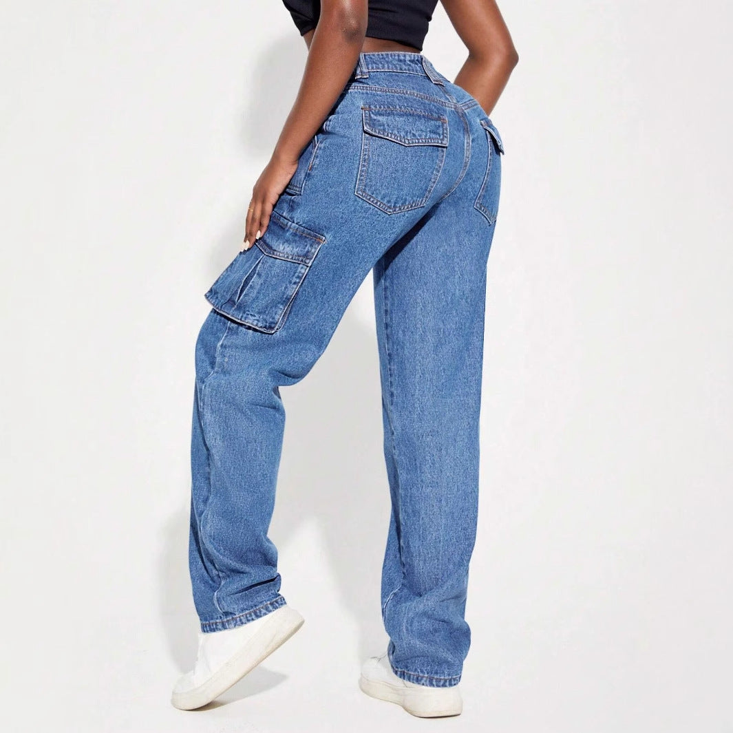 Dame cargo jeans med elastisk midjebånd og innovativt design