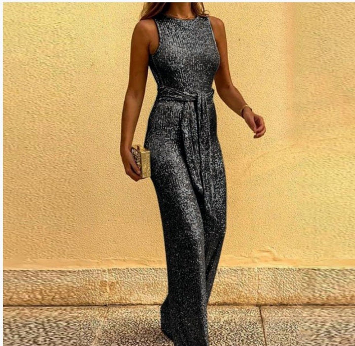 Kvinnens Glamourøse Maxi Kjole med Glitrende Paljett Trim og Elegant Midjebånd