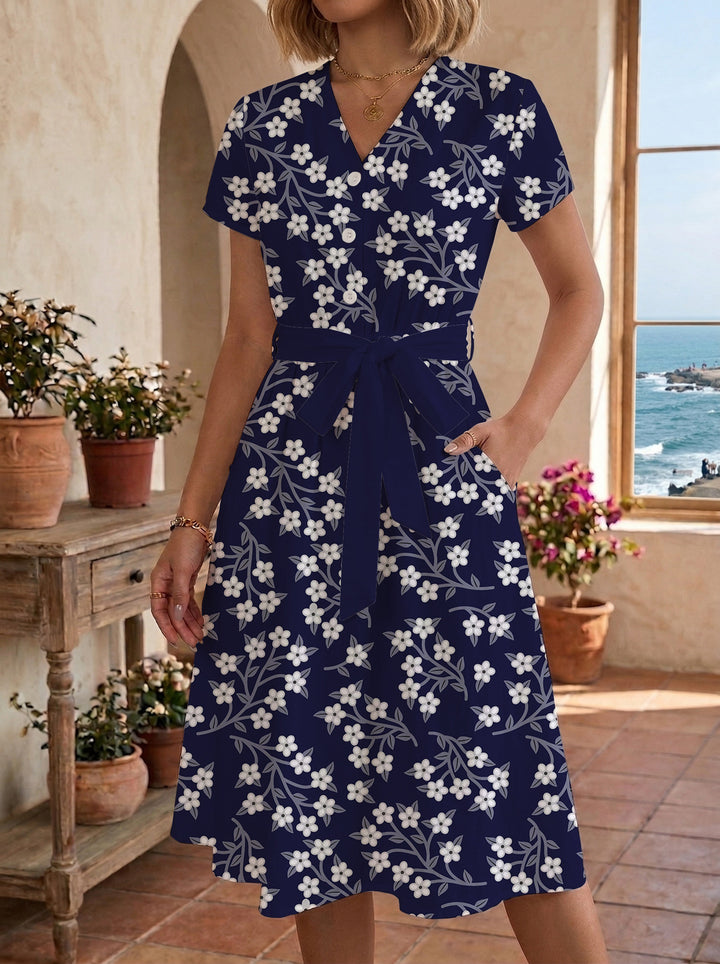 Damen Midikleid mit floralem Muster und Taillengürtel Skjora
