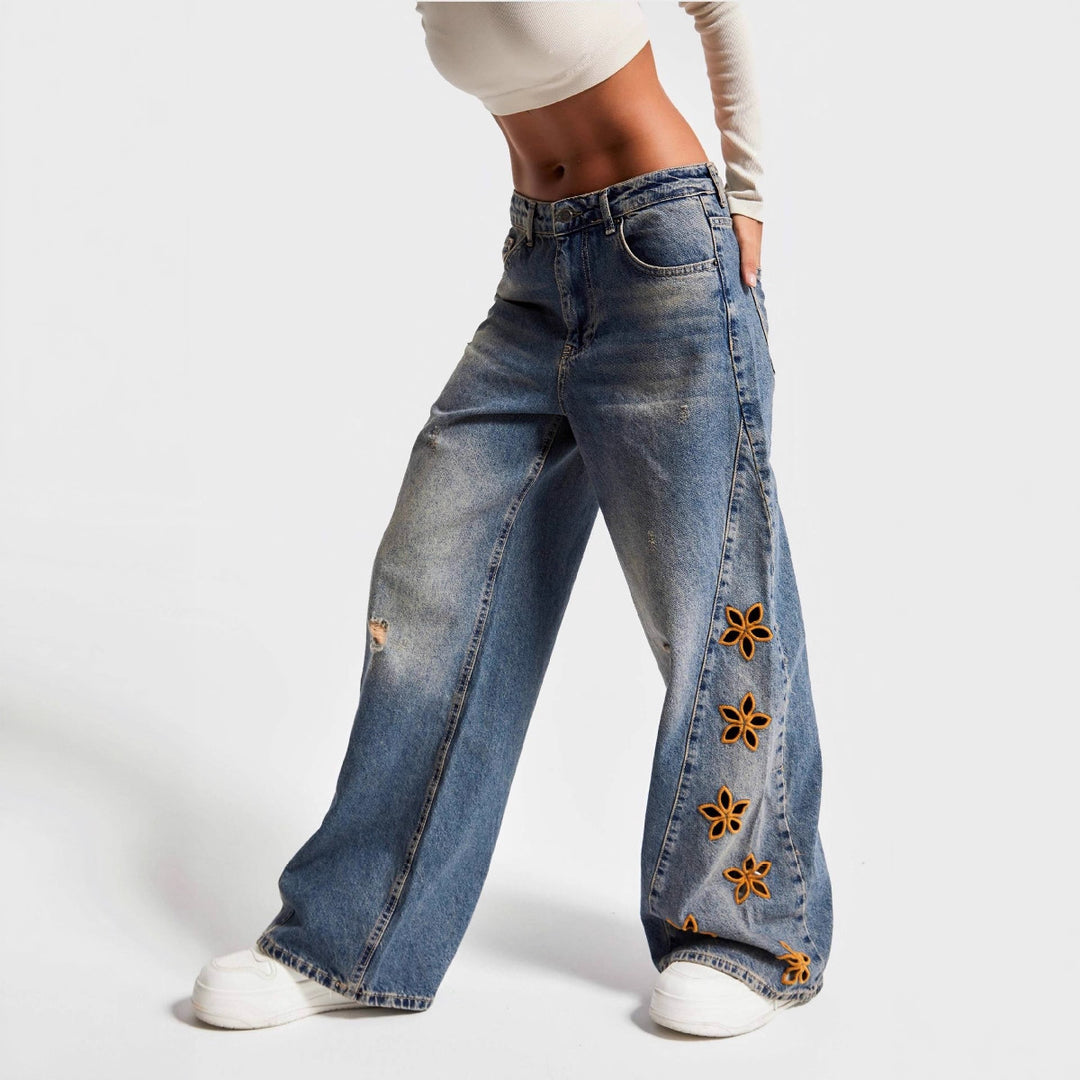 Women's wide-leg jeans with floral print Skjora