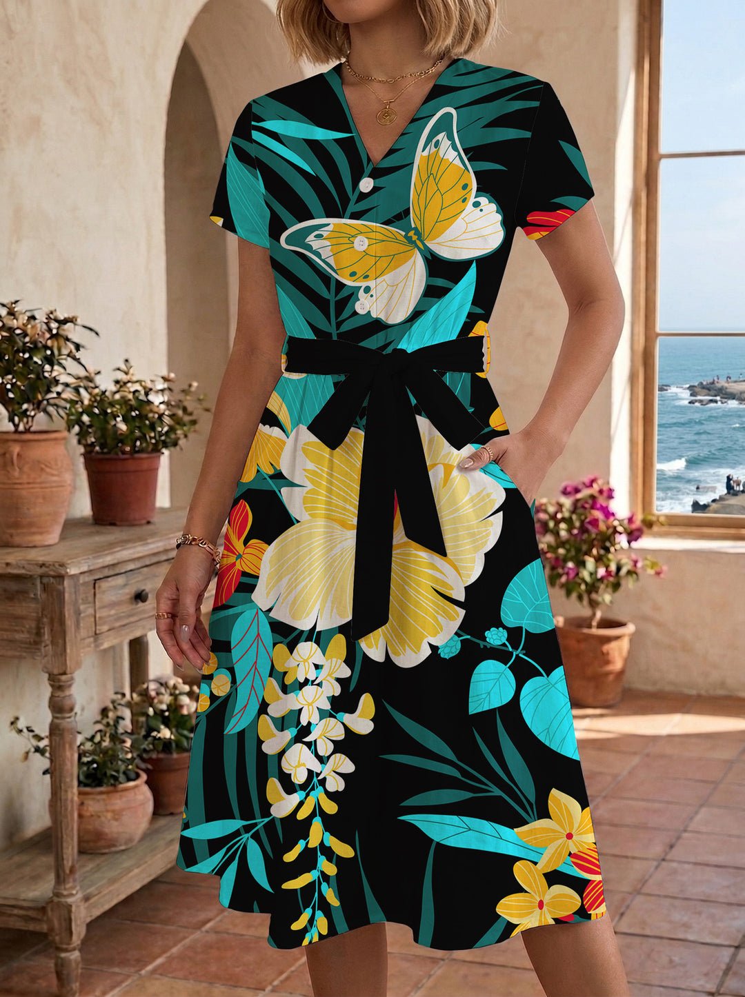 Damen Midikleid mit floralem Motiv und Taillengürtel Skjora