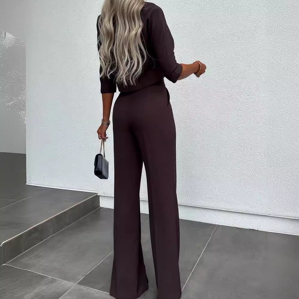Damer Elegant To-Delt Blazer Sett med Høy Midje Bukser og Moderne Crop Top
