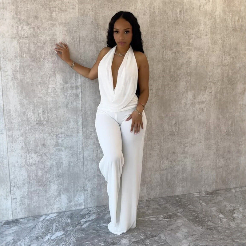 Damer Elegant Dyp-V Jumpsuit med buet rygg og bredt skåret ben Skjora