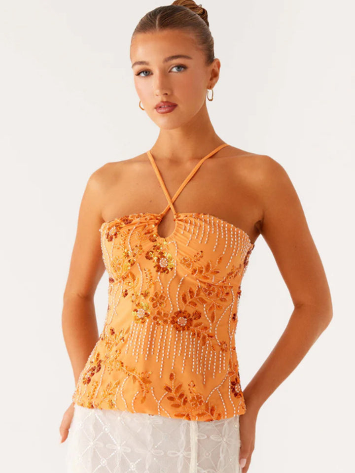 Kvinner Glitrende Bustier Top med Blomsterdesign og Funklende Applikasjoner