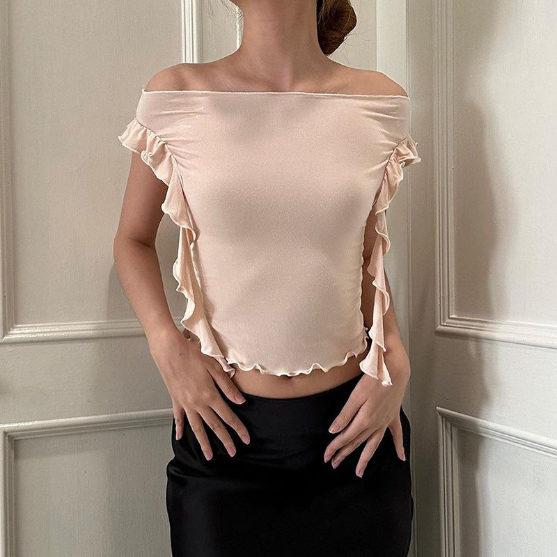 Dame Off-Shoulder Top med volangdetaljer og kroppsnær passform Skjora