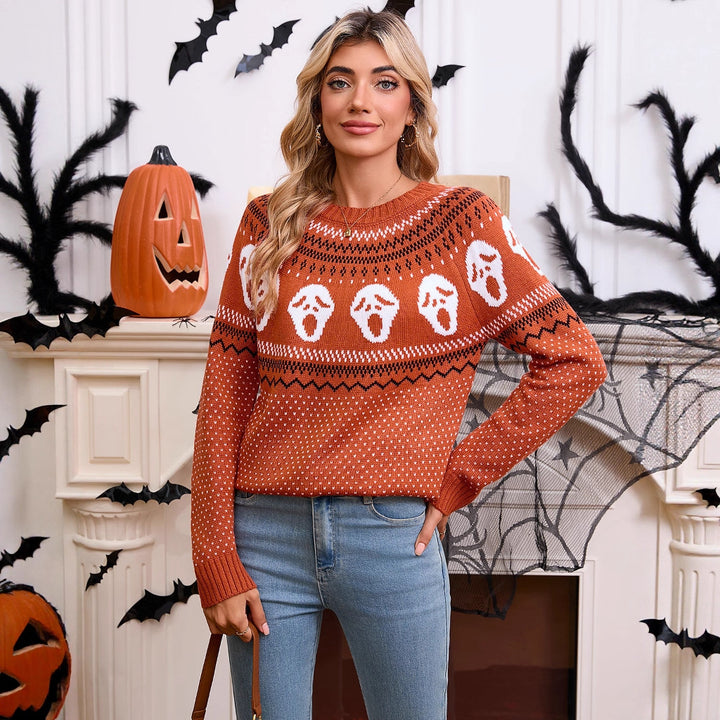 Kvinne Mønstret Strikkegenser med Halloween Motiv Skjora