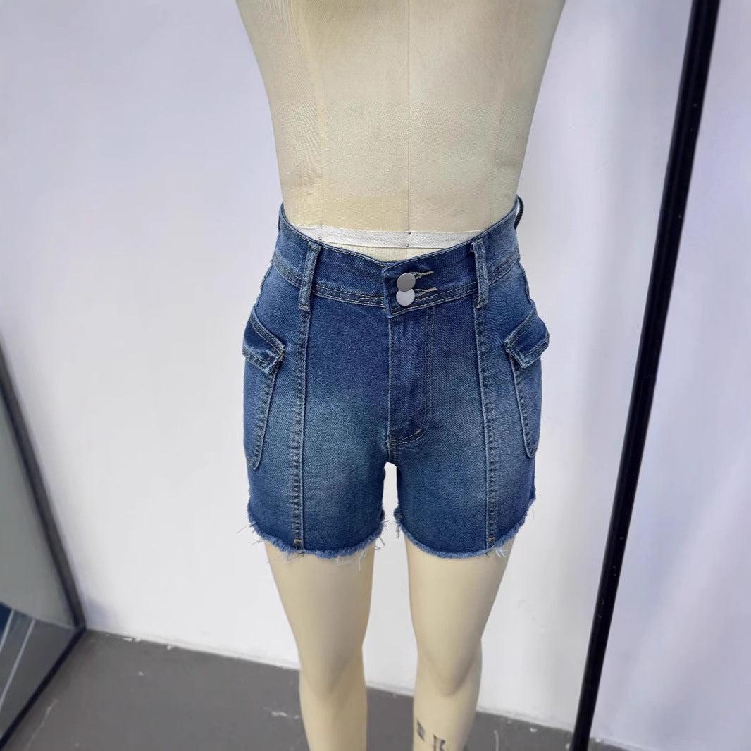 Dame Denim-shorts med høy midje og påsydde lommer Skjora