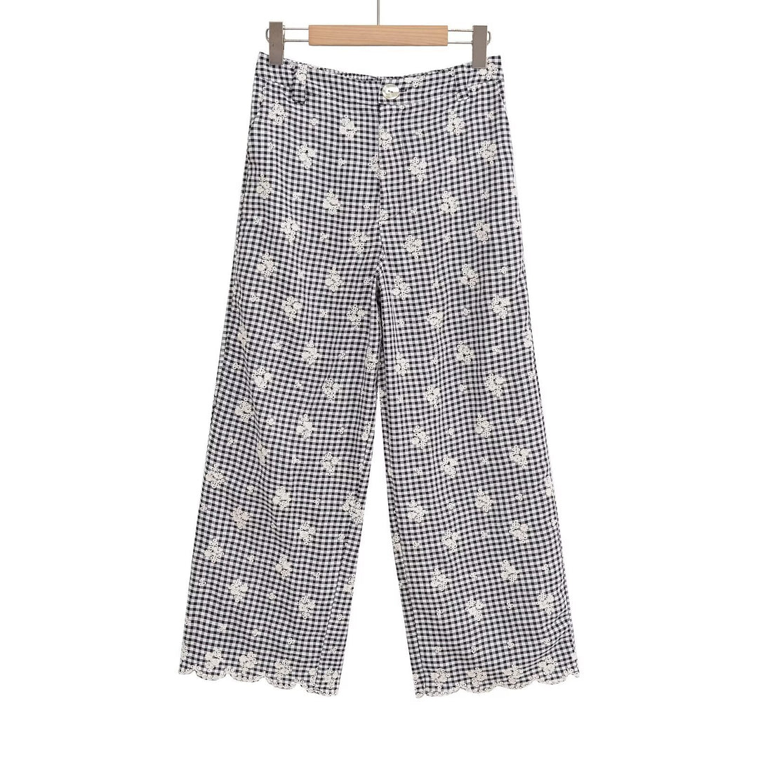 Damer vidde gulrotbukser med blomstret Gingham-mønster og elegant kantdekorasjon Skjora