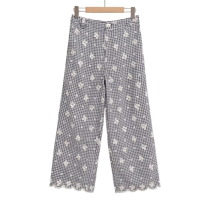 Damer vidde gulrotbukser med blomstret Gingham-mønster og elegant kantdekorasjon Skjora