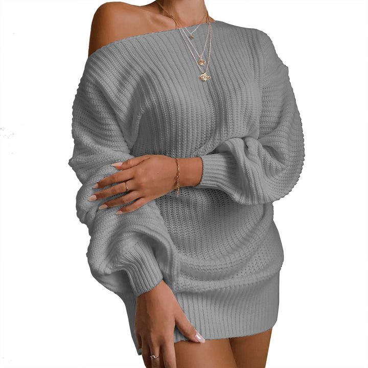 Kvinners uformelle strikket kjole med off-shoulder design og voluminøse ermer Skjora