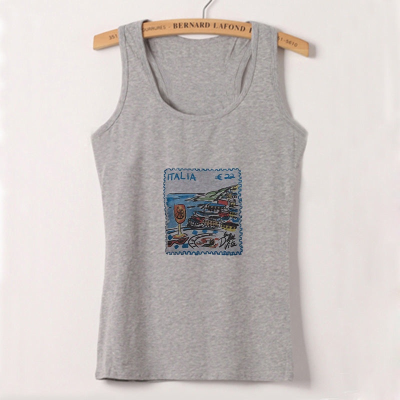Dame ermeløs tanktop med kreativt postkortmotiv Skjora