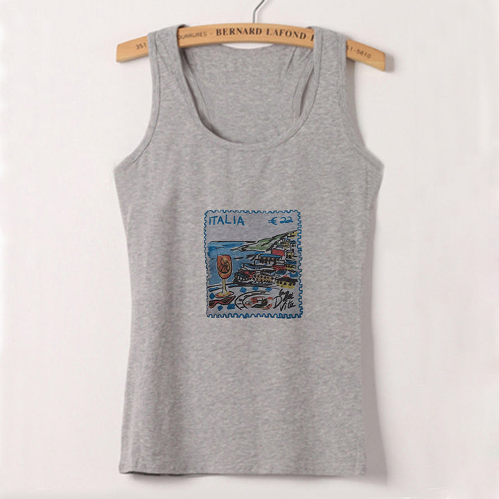 Dame ermeløs tanktop med kreativt postkortmotiv Skjora