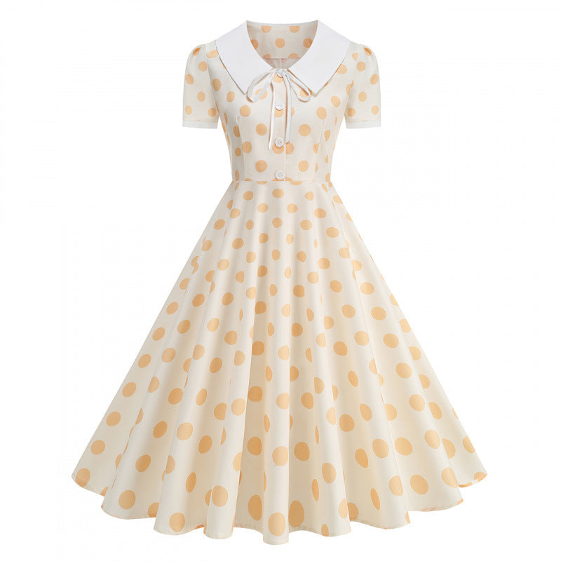 Dame Retro Maxikjole med Krage og Dots Skjora