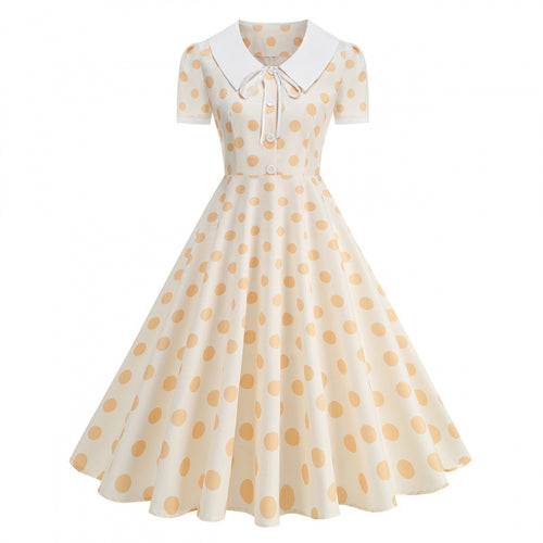 Dame Retro Maxikjole med Krage og Dots Skjora