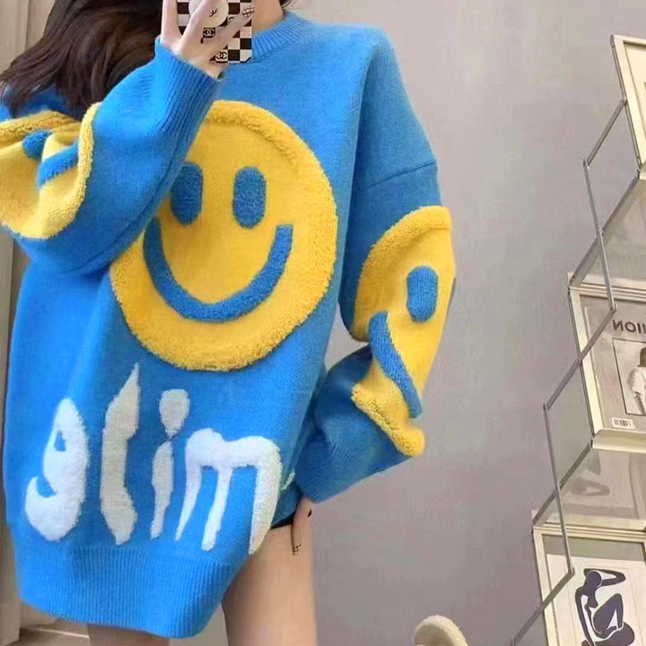 Damer casual strikket genser med smiley motiv Skjora