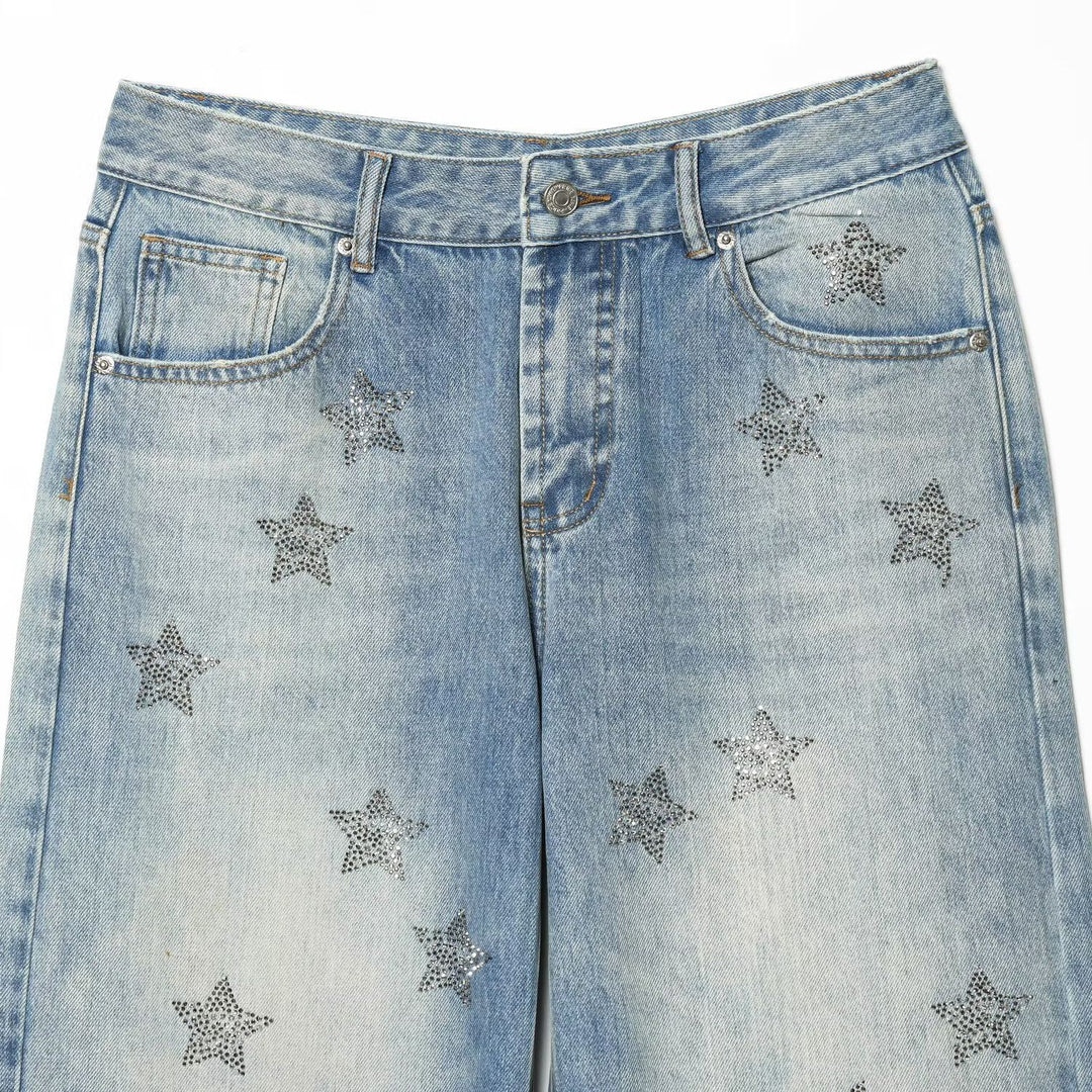 Dame Denim-jeans med glitrende stjernestrykk Skjora