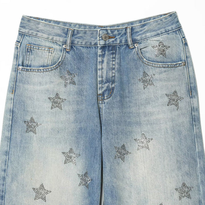 Dame Denim-jeans med glitrende stjernestrykk Skjora