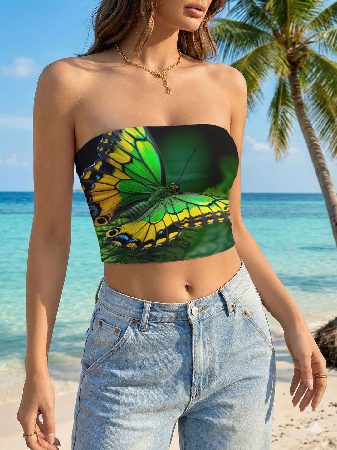 Damer bandeau-top med blomsterfuglmotiv og elastisk passform Skjora