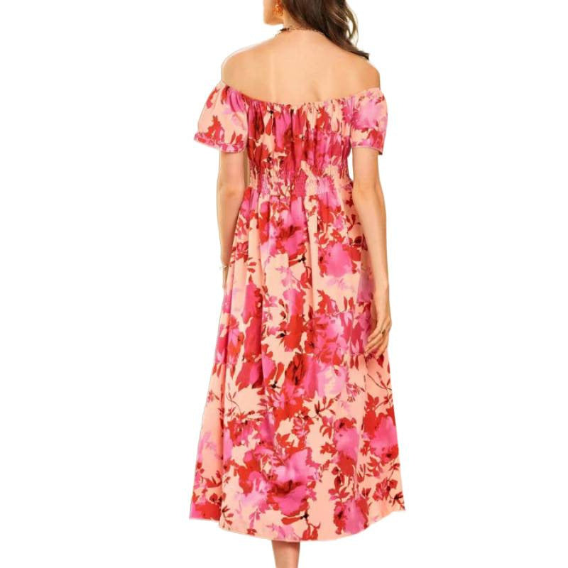 Dame Off-Shoulder Midi Kjole i floral design med elastisk overdel og voluminøs nederdel Skjora