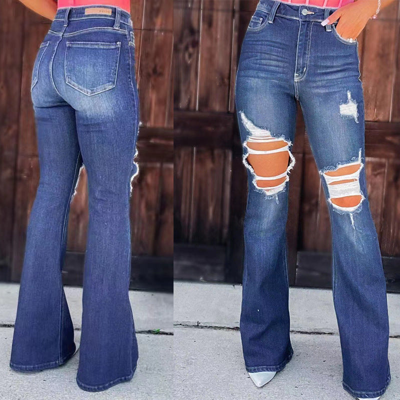 Dame Flared Jeans med fashionable ødelagte effekter og høy midje Skjora