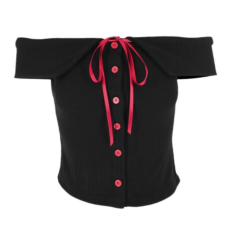 Damer Off-Shoulder Bluse med kontrastknapper og midjebånd Skjora