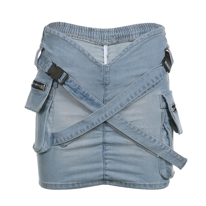 Dame Denim-miniskjørt med praktiske lommer og elastisk midje Skjora