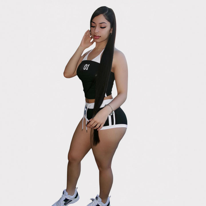 Damer sporty Crop-Top og Shorts Sett med dekorativt bånd Skjora
