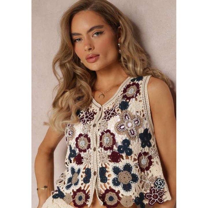 Dame heklevest med blomsterbroderier og åpen front Skjora