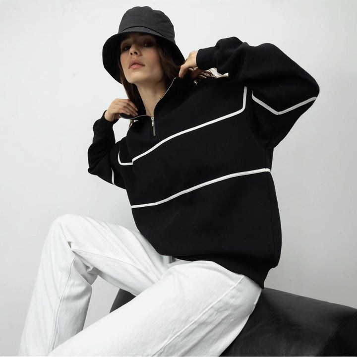 Women's Oversized Sweatshirt with Zipper and Decorative Stripes Skjora