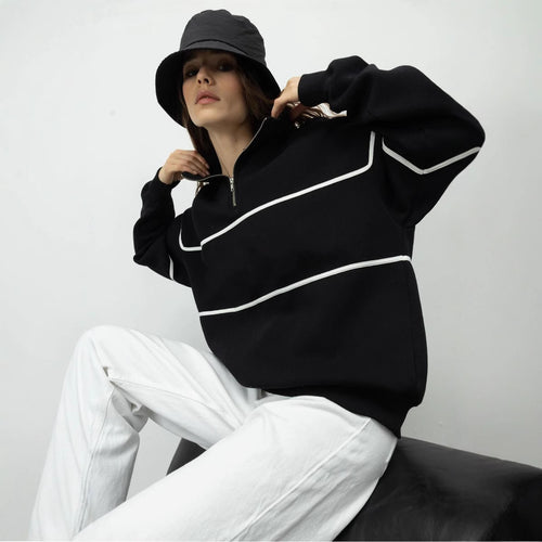 Women's Oversized Sweatshirt with Zipper and Decorative Stripes Skjora
