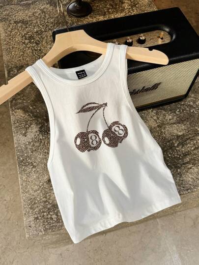 Dame ermeløs tanktop med glad kirsebærmotiv Skjora