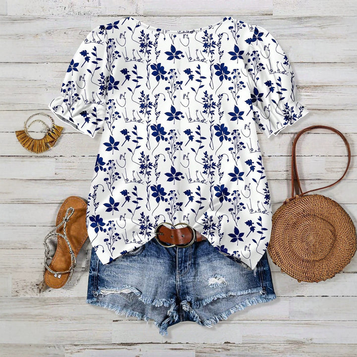Dame blomsterprint kortermet bluse Skjora