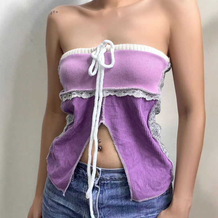 Dame Offshoulder Topp med blonderdetaljer og lomme Skjora