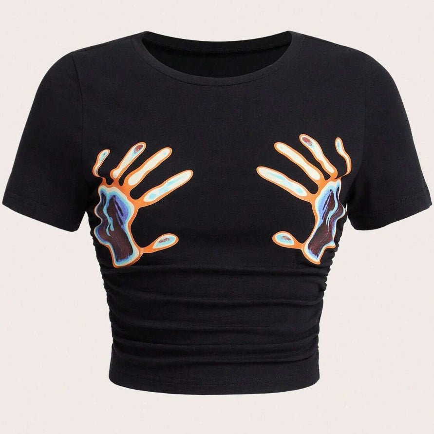 Damer cropped T-skjorte med glitrende skrifttype og trendy bomullsmateriale Skjora