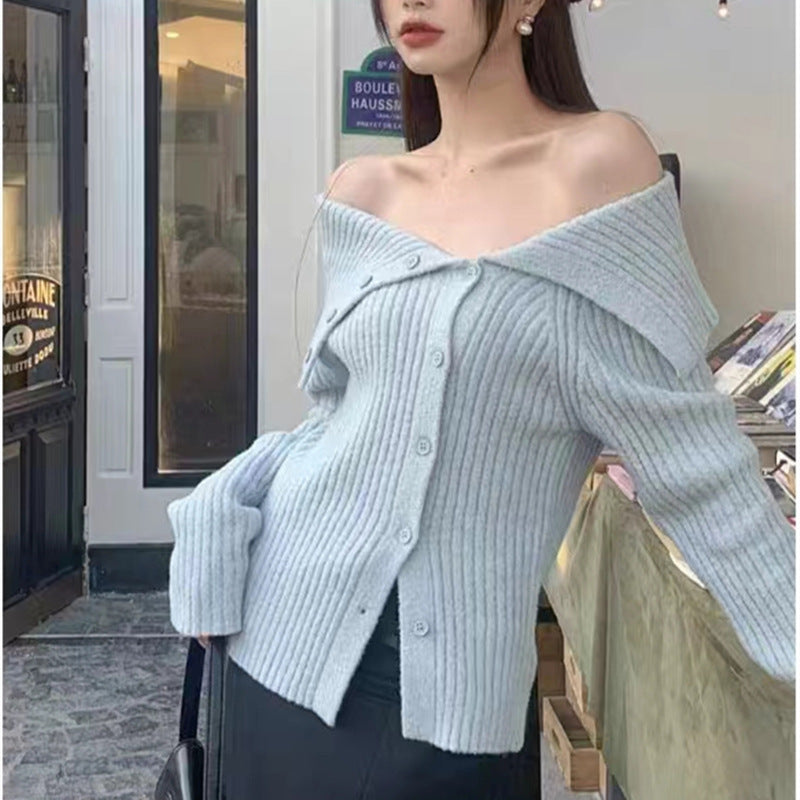 Dame finstrikket cardigan med moderne krage Skjora