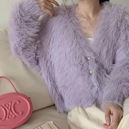 Kvinne Fluffy Kardigan med Hjerteknapper Skjora