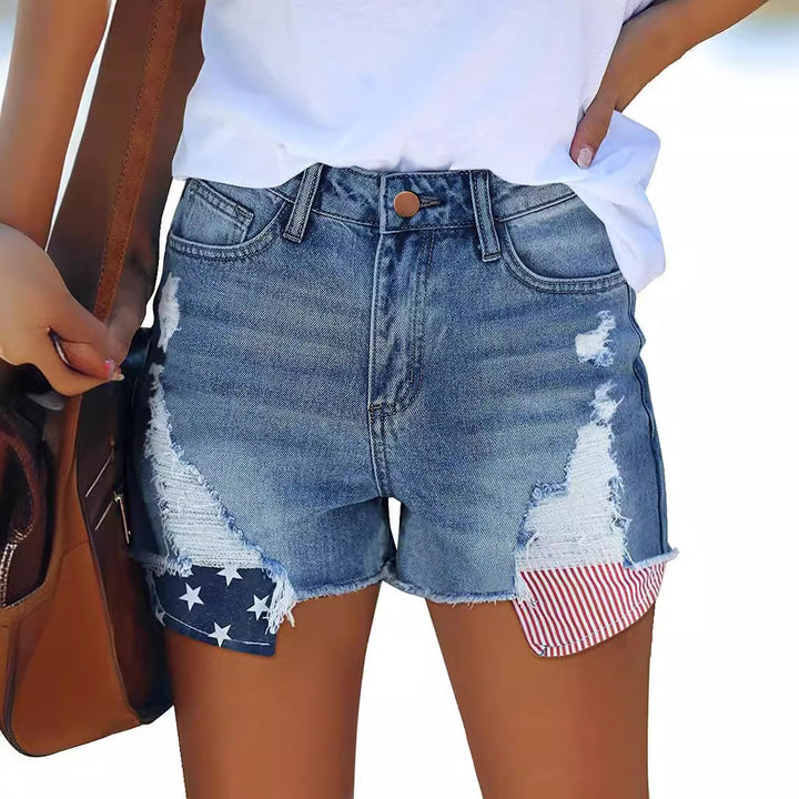 Damer Ødelagte Denim-Shorts med kreative Patch-detaljer Skjora