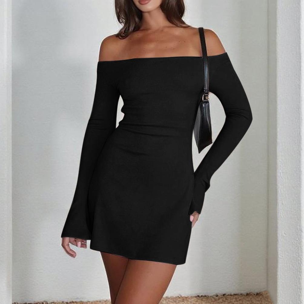 Dame Off-Shoulder Mini Kjole med Lange Ermer og Figur-Kroppende Snitt Skjora