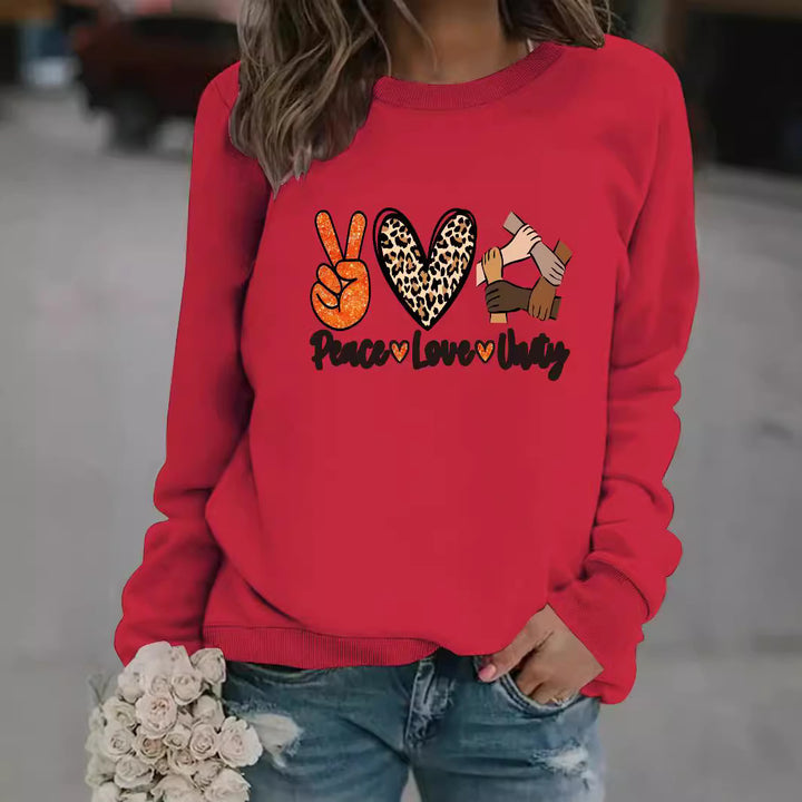 Kvinnegenser med kreativt Peace, Love & Unity-design Skjora