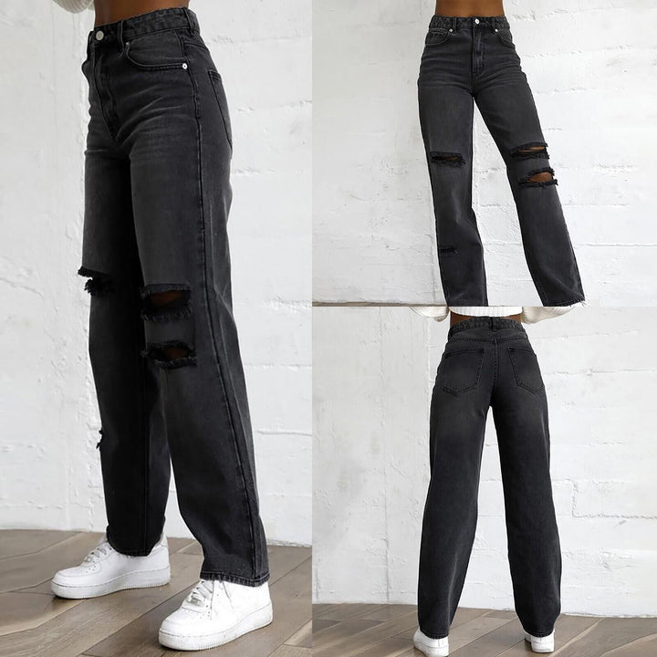 Dame moteriktig Destroyed Jeans i avslappet snitt med høye lommer og unike detaljer Skjora