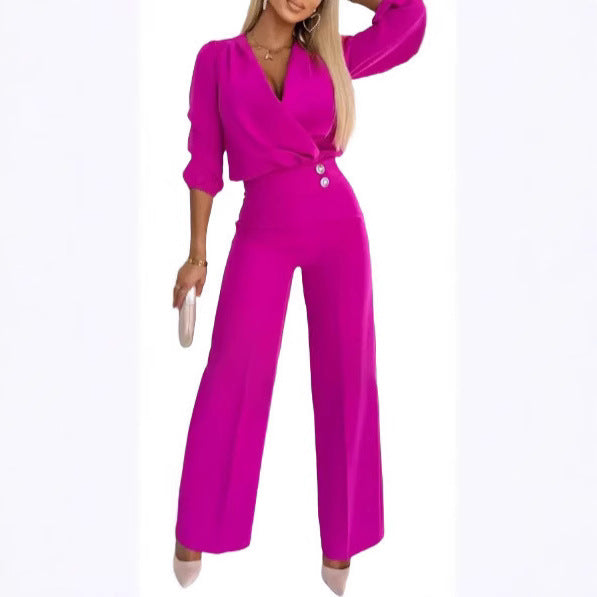Kvinne elegant jumpsuit med omslagstopp og høyt liv ben Skjora