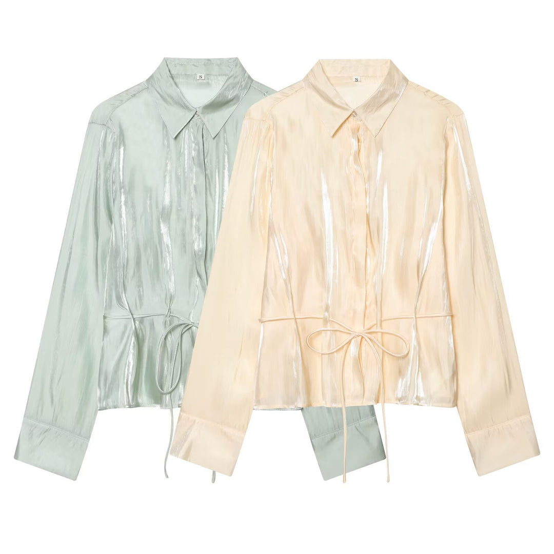 Damer glitrende bluse med justerbar midje og elegant krage Skjora
