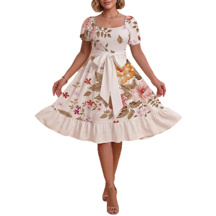Damen Sommerliches Blumenkleid mit taillierbarem Gürtel und voluminösen Ärmeln Skjora