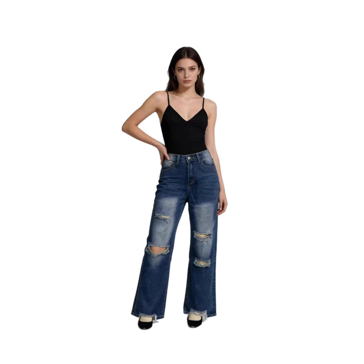 Dame løse jeans med stilige ødelagte detaljer og behagelig passform Skjora