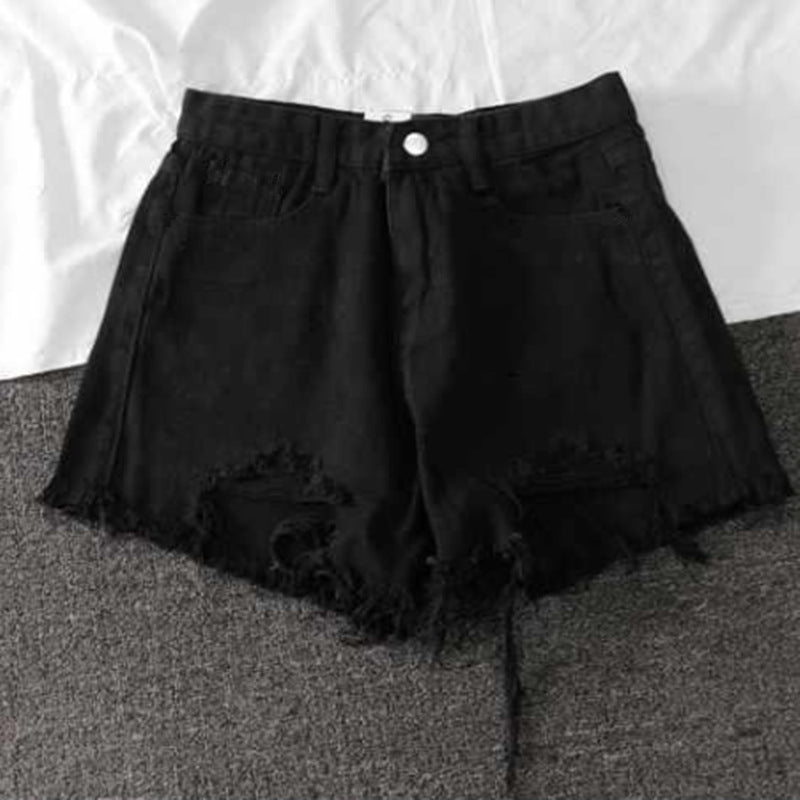 Dame Ødelagte Denim Shorts med Høy Liv og Frynset Kant